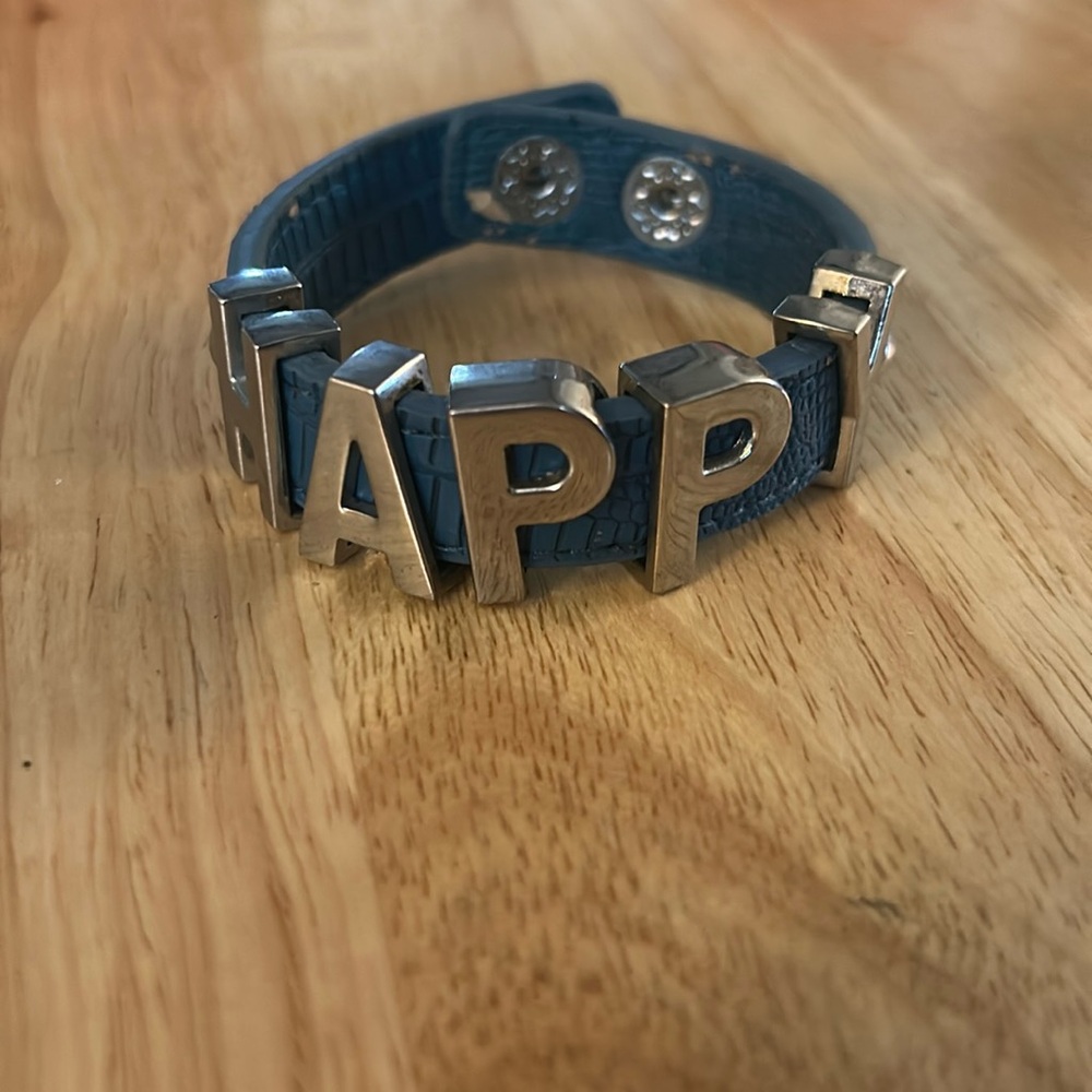 BCBGeneration Blue “Happy” Metal Accent Snap Cuff Bracelet